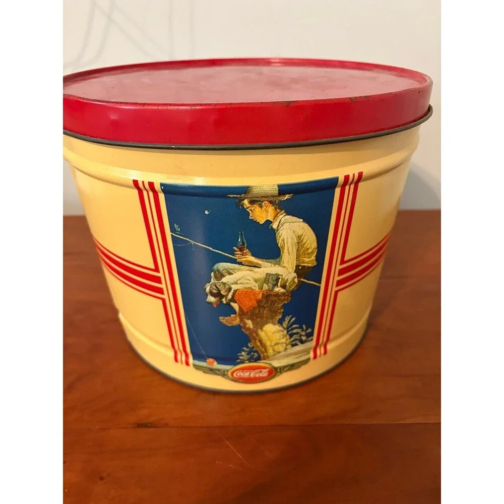 Vintage Coca-Cola Norman Rockwell Metal Cookie Tin Canister w/ Lid 10” x 7”